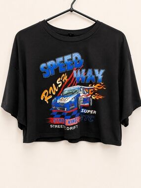 Black 'Speed Way' Graphic Crop Tee